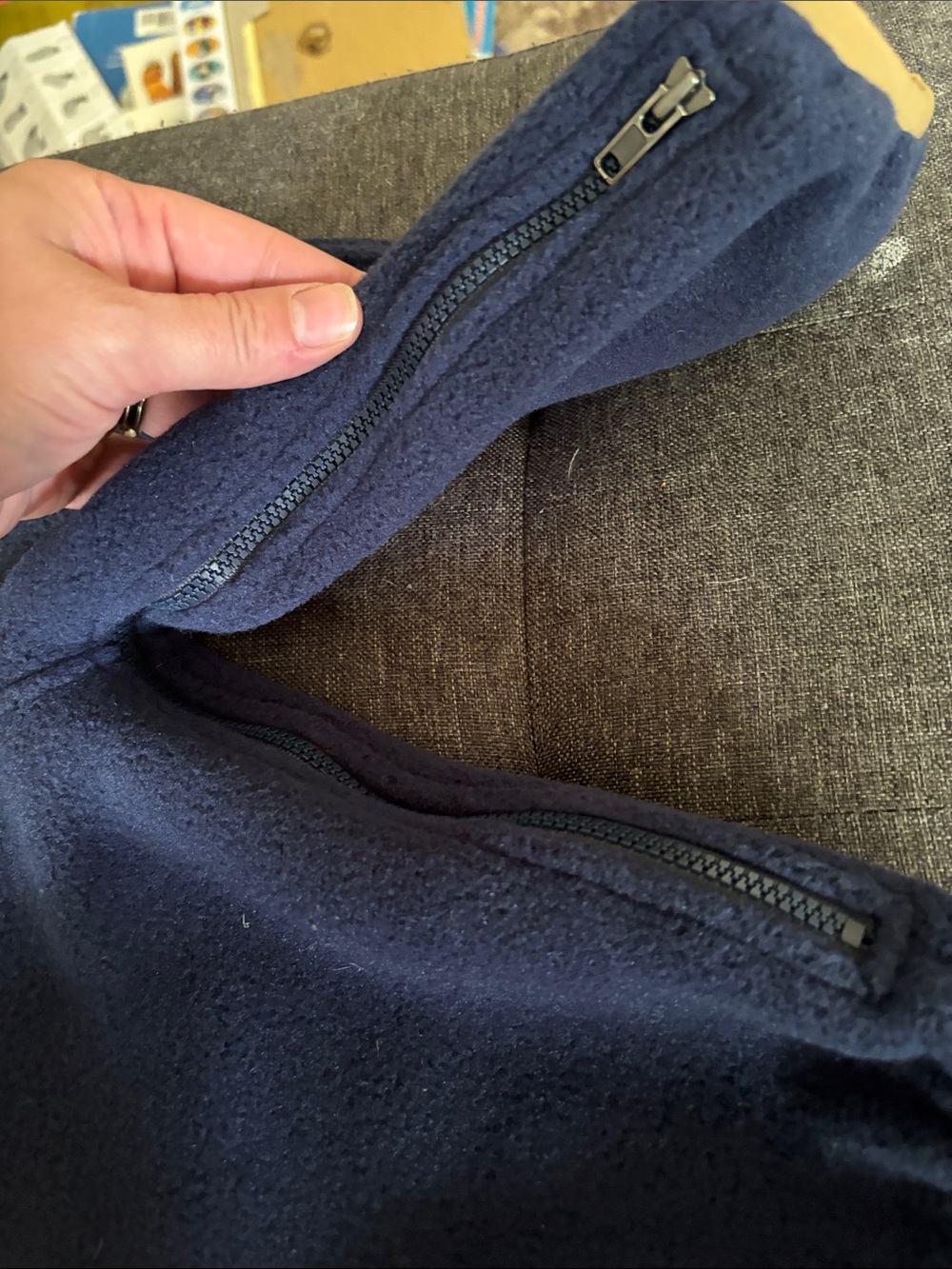 Patagonia Kids Synchilla Navy Fleece overalls with Red Pocket and Tan Trim - Picture 4 of 6